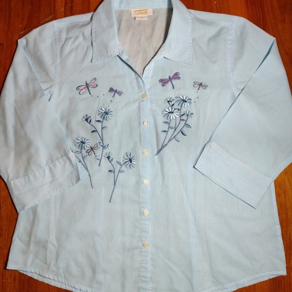 Tia Designs Womens Blouse Medium Blue Striped Embroidered‎ Dragonfly Floral